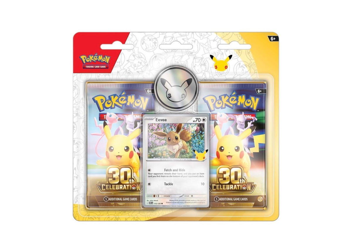 Pokémon 30th Celebration Eevee Card with 2 Booster Packs & Coin